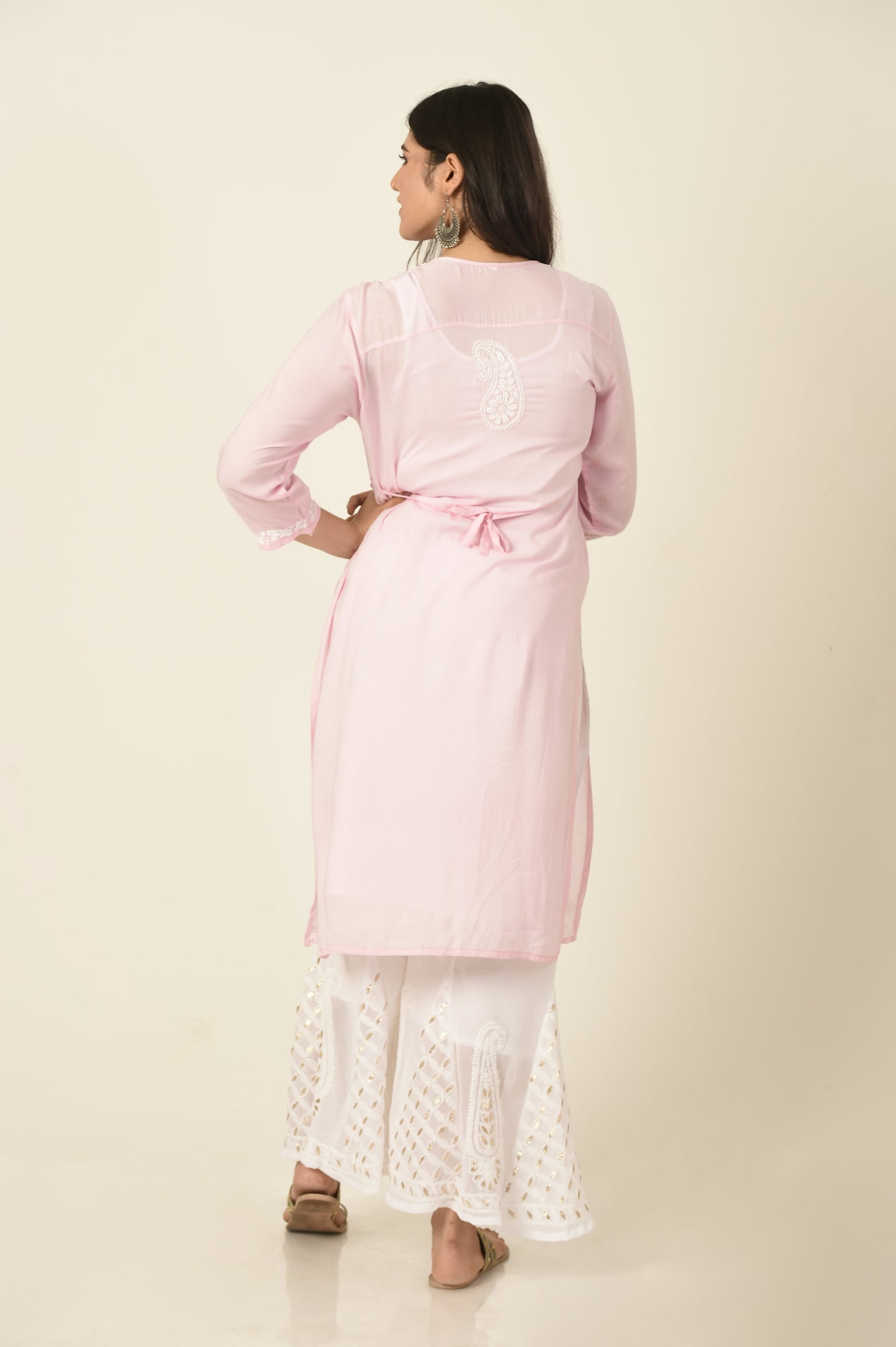 Pink colour Hand embroided skin friendly soft rayon /modal Chikankari Kurti Lucknow Chikan Emporium.