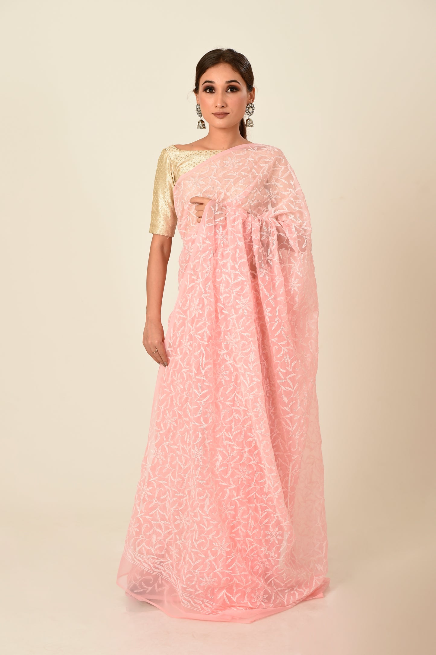 Lucknow Chikan Emporium semi georgette saree peach colour with same colour blouse