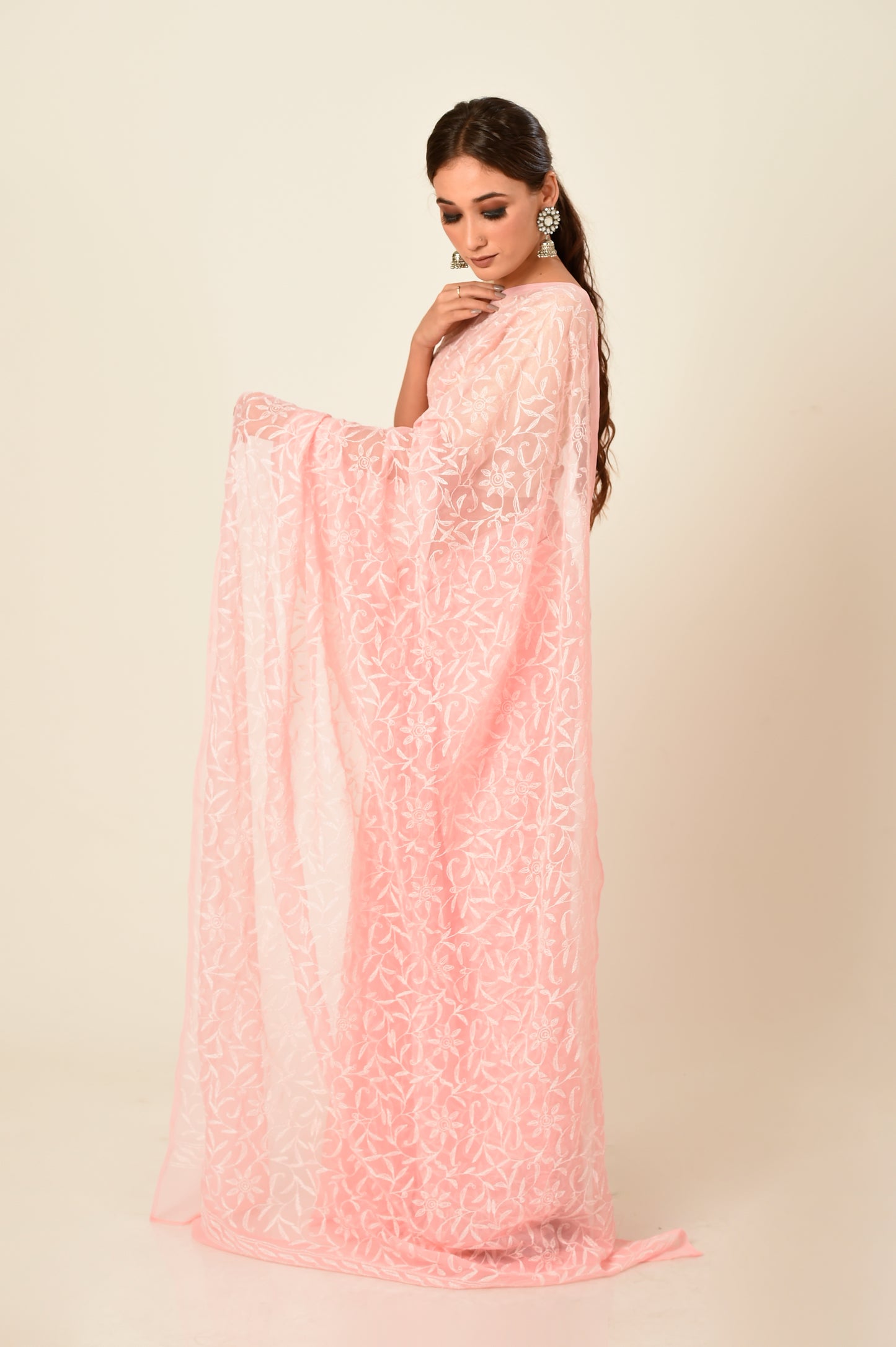Lucknow Chikan Emporium semi georgette saree peach colour with same colour blouse