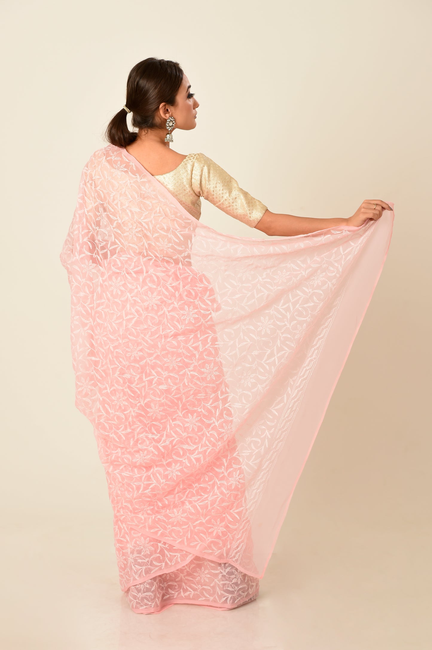 Lucknow Chikan Emporium semi georgette saree peach colour with same colour blouse