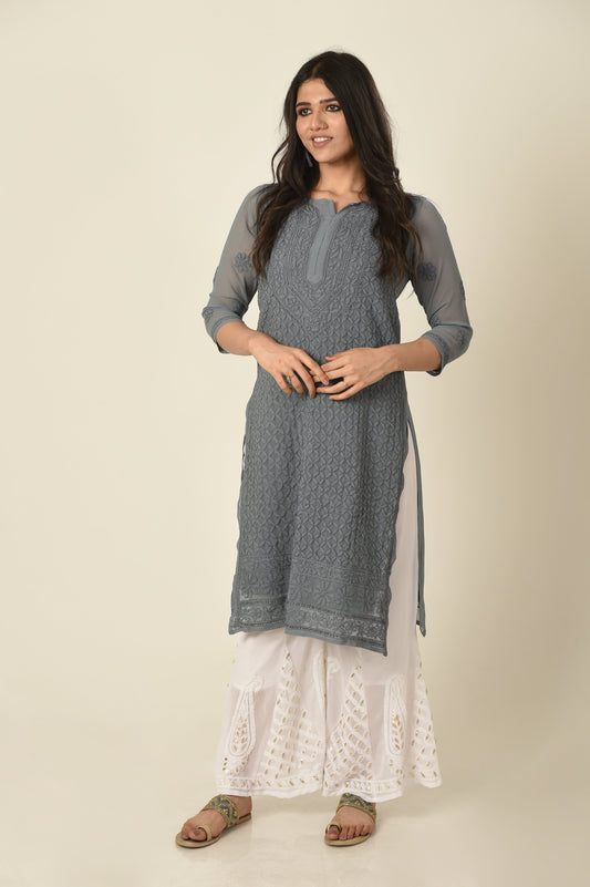 Grey colour Hand embroided semi georgette Chikankari Kurti Lucknow Chikan Emporium.