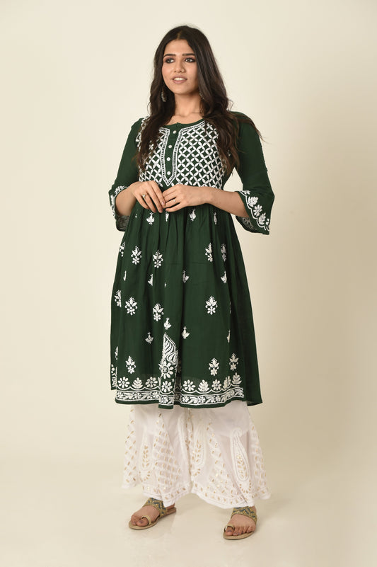 Dark green colour Hand embroided cotton Chikankari Kurti Lucknow Chikan Emporium.