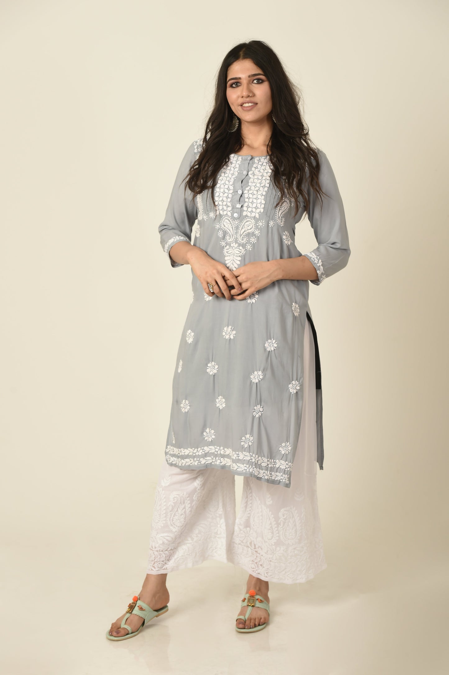 Nice grey colour Hand embroided skin friendly soft rayon /modal Chikankari Kurti Lucknow Chikan Emporium.