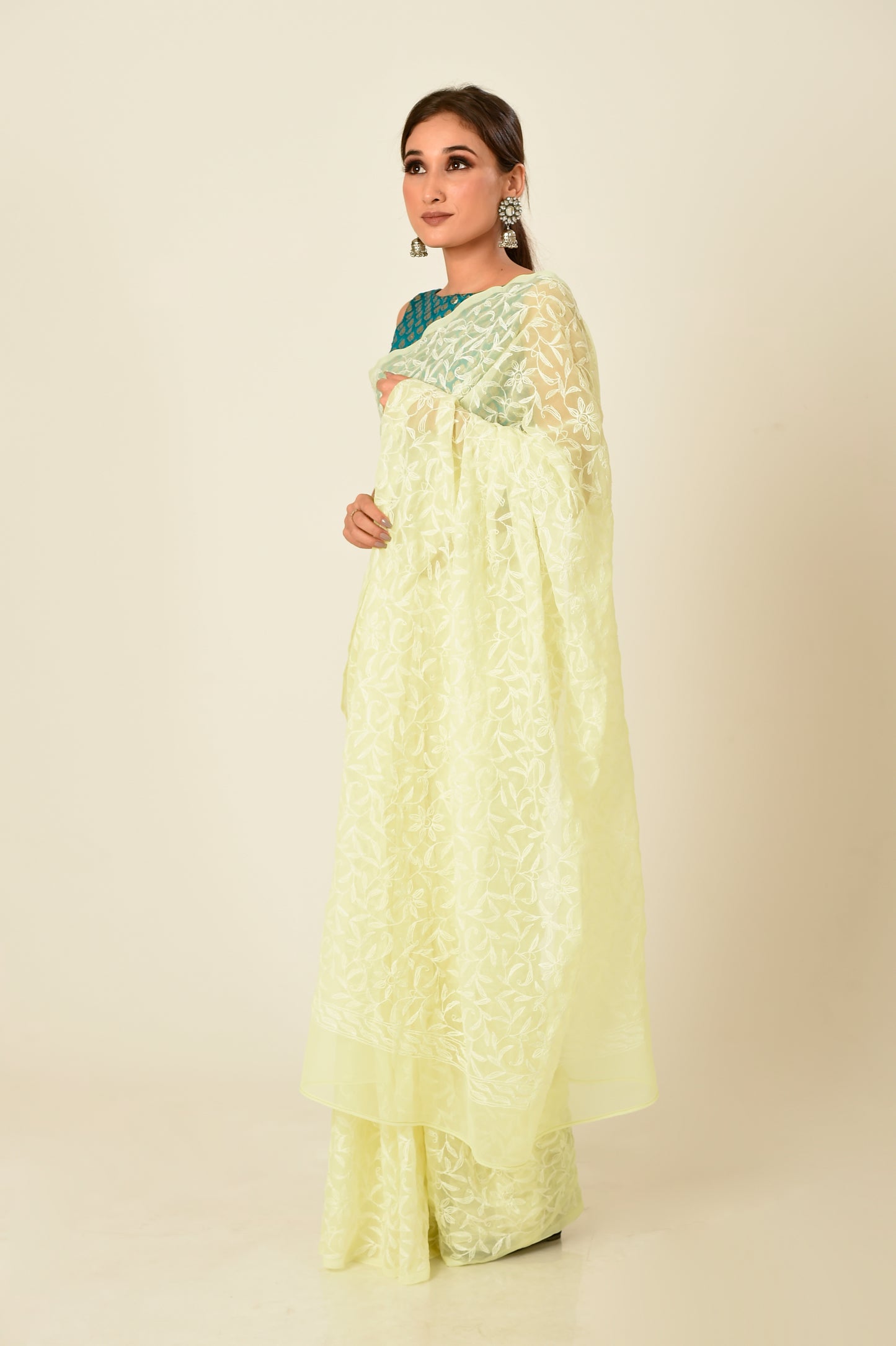 Lucknow Chikan Emporium semi georgette saree lemon yellow colour with same colour blouse