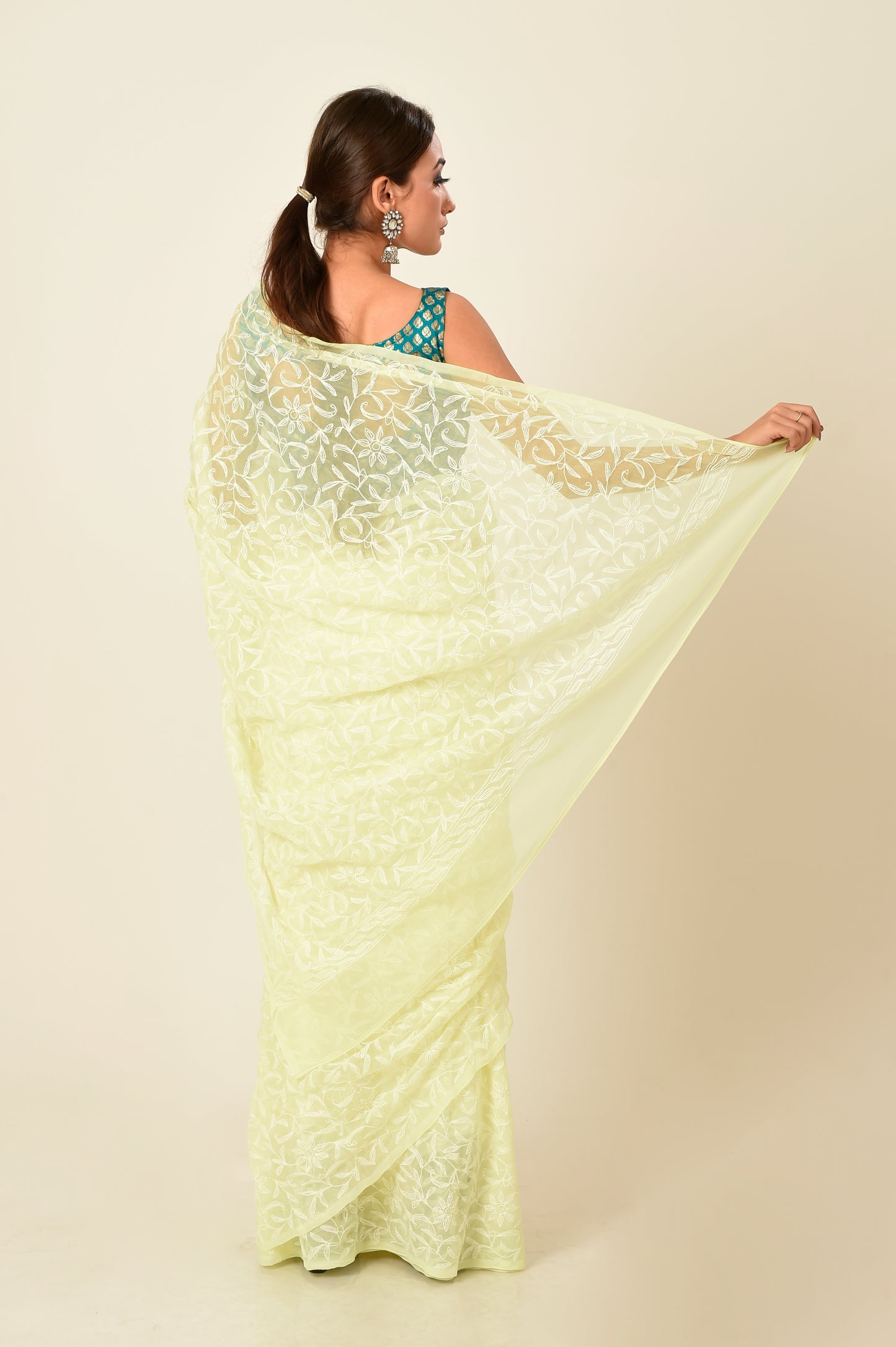 Lucknow Chikan Emporium semi georgette saree lemon yellow colour with same colour blouse