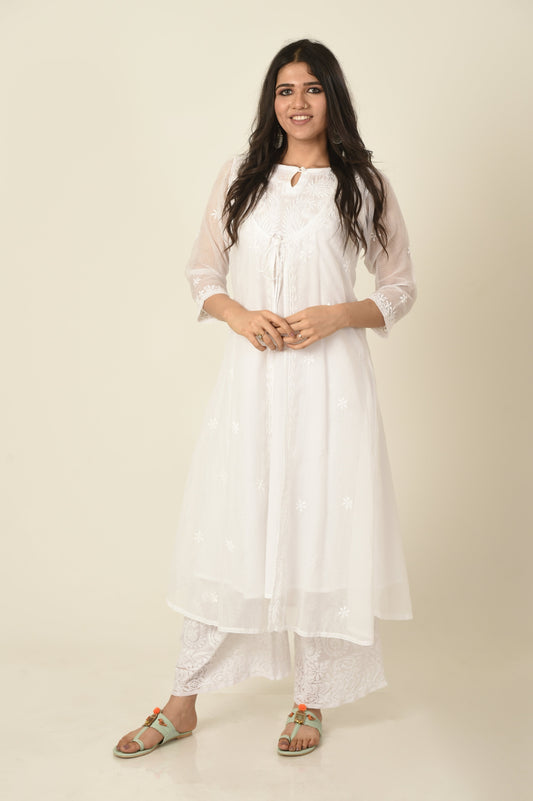 White kota cotton Lucknow Chikan Emporium Hand Chikankari angarkha  Kurti