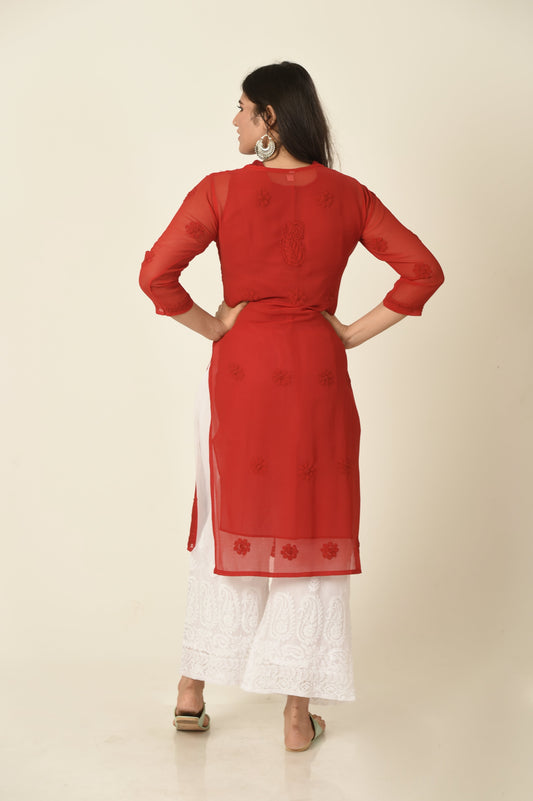 Red colour Hand embroided semi georgette Chikankari Kurti Lucknow Chikan Emporium.