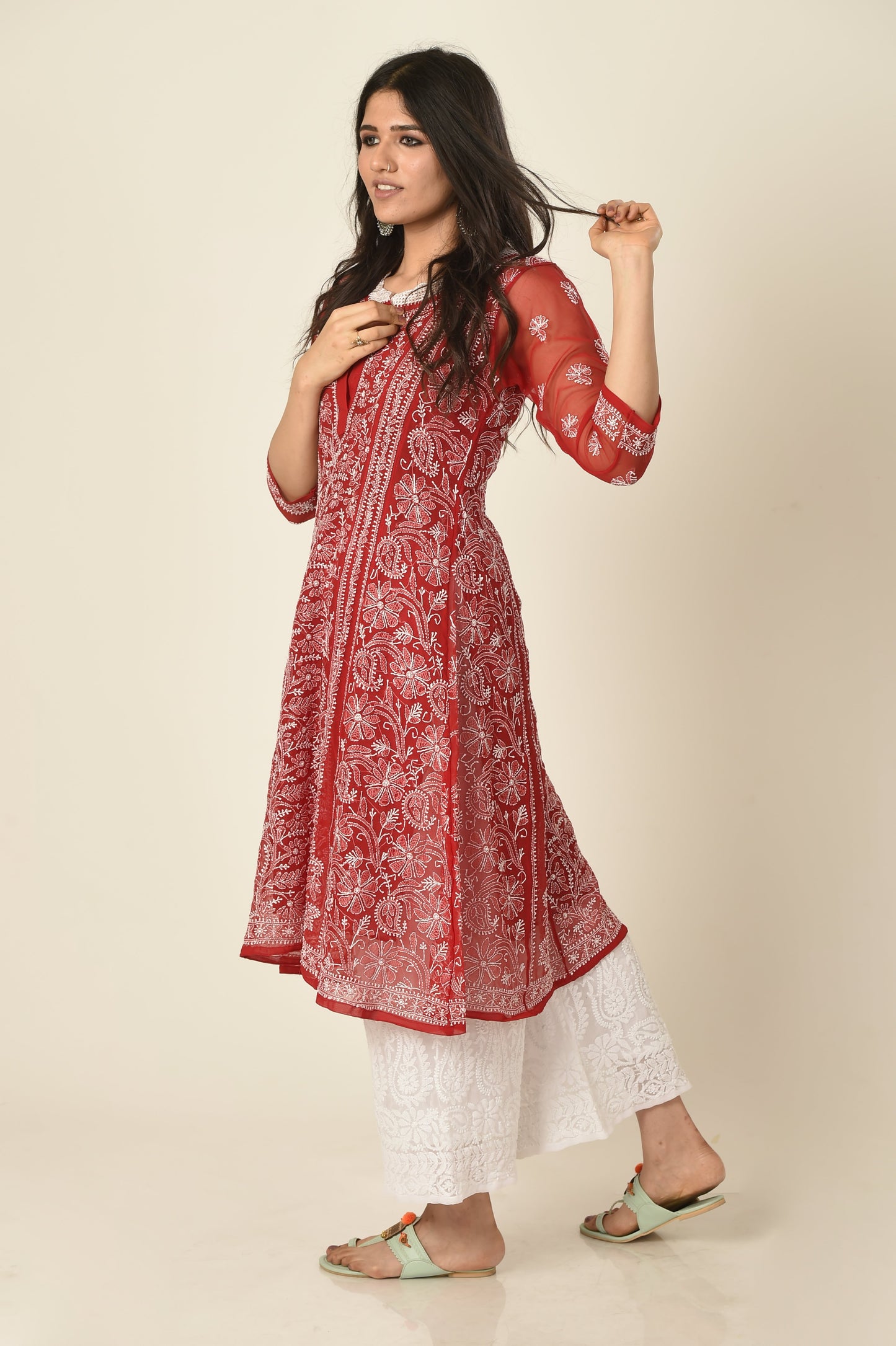 Lucknow Chikan Emporium Hand Chikankari   Semi  Georgette nice red Anarkali Kurti