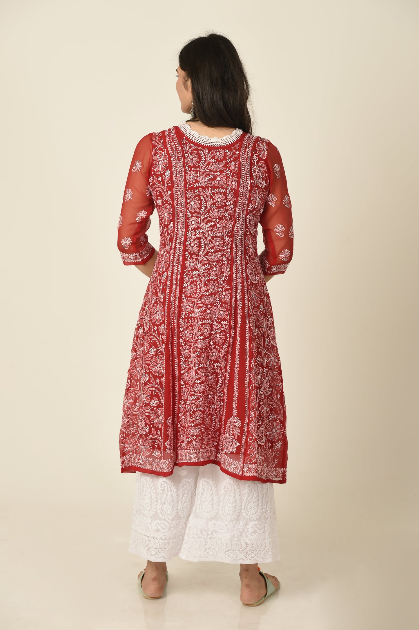 Lucknow Chikan Emporium Hand Chikankari   Semi  Georgette nice red Anarkali Kurti