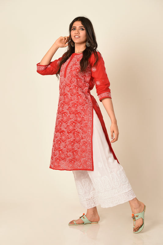 Red colour Hand embroided cotton Chikankari Kurti Lucknow Chikan Emporium.