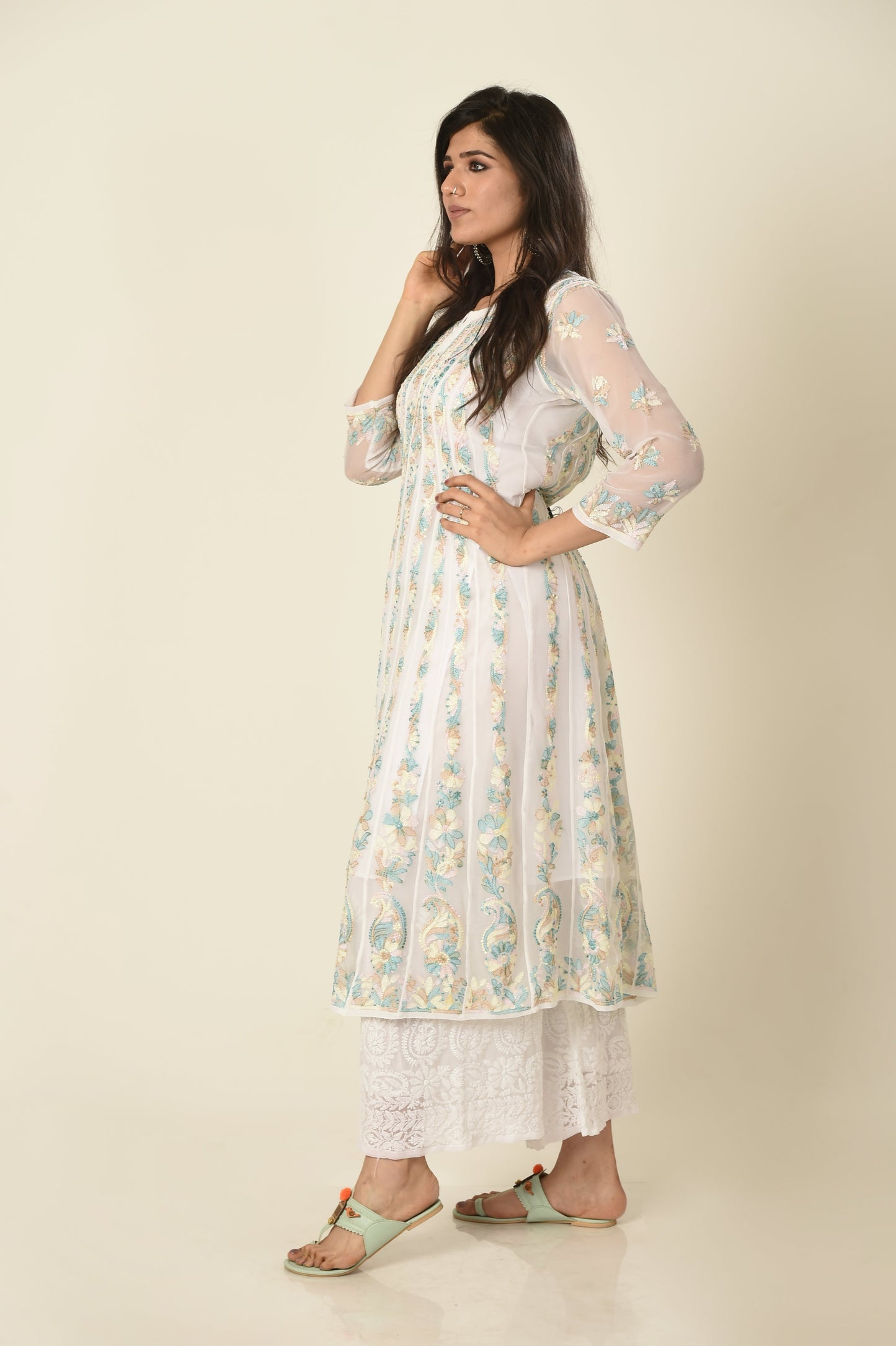 Lucknow Chikan Emporium Hand Chikankari   Semi  Georgette nice white Anarkali Kurti