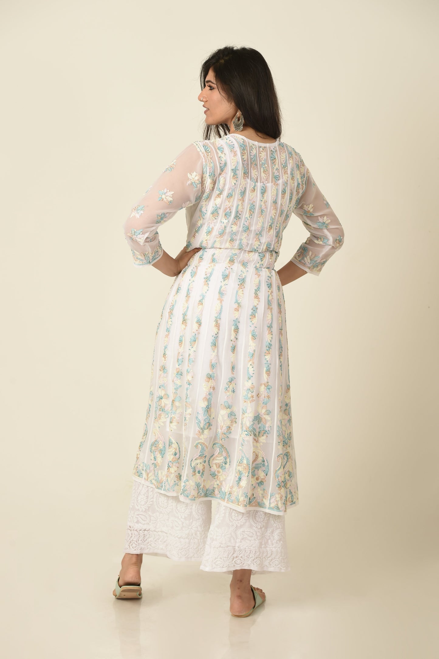 Lucknow Chikan Emporium Hand Chikankari   Semi  Georgette nice white Anarkali Kurti