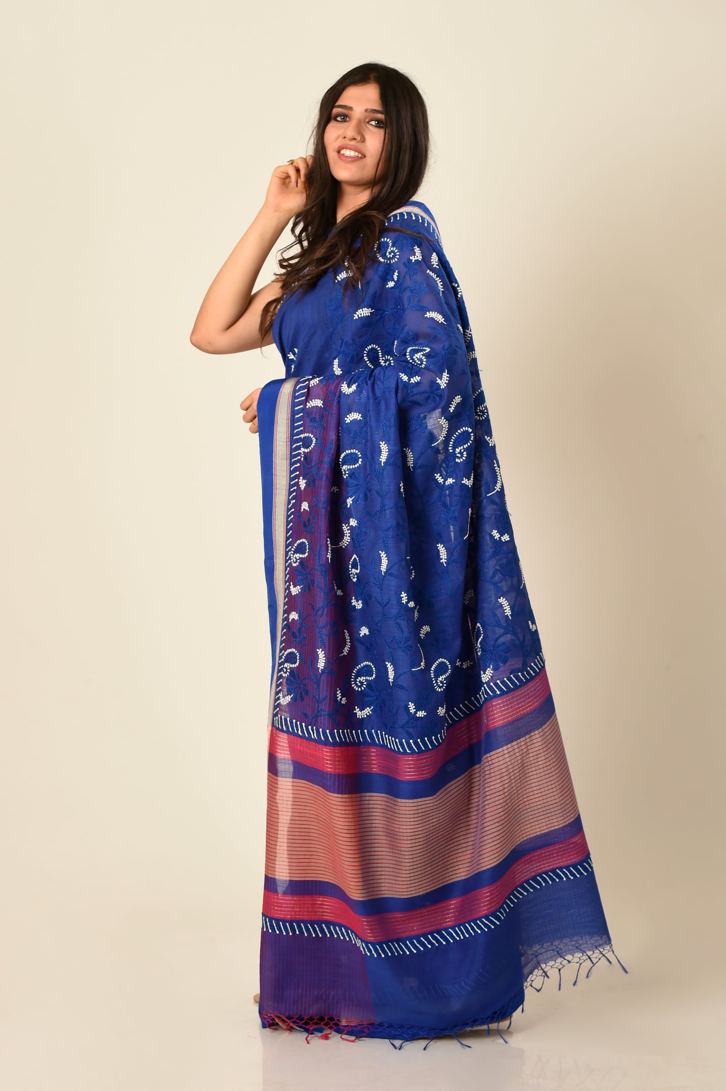 Lucknow Chikan Emporium Chanderi cotton saree royal blue colour  with same colour blouse piece included.