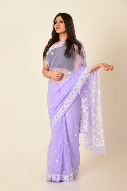 Lucknow Chikan Emporium skin friendly semi georgette mauve colour saree with same colour blouse piece included.