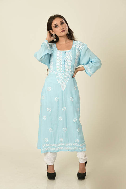 Nice blue colour Hand embroided skin friendly soft rayon /modal Chikankari Kurti Lucknow Chikan Emporium.