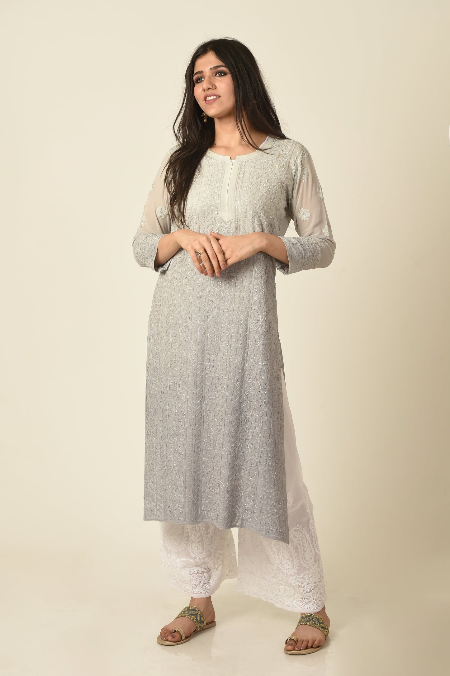 Lucknow Chikan Emporium Hand embroided skin friendly soft viscose georgette light grey shaded Chikankari Kurti