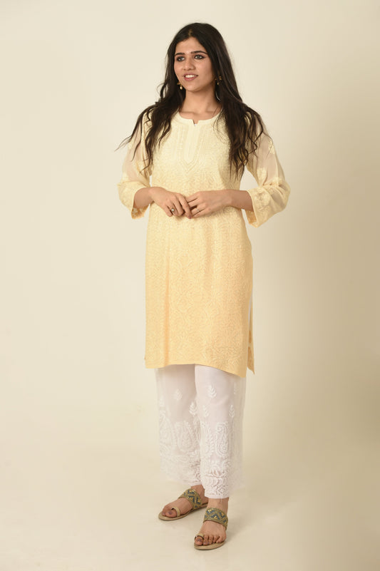 Light fawn shaded Chikankari Hand embroided skin friendly soft viscose georgette Kurti Lucknow Chikan Emporium.