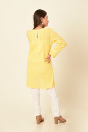 Lucknow Chikan Emporium Hand Embroided Skin Friendly Soft Cotton Yellow Chikankari Short Kurti