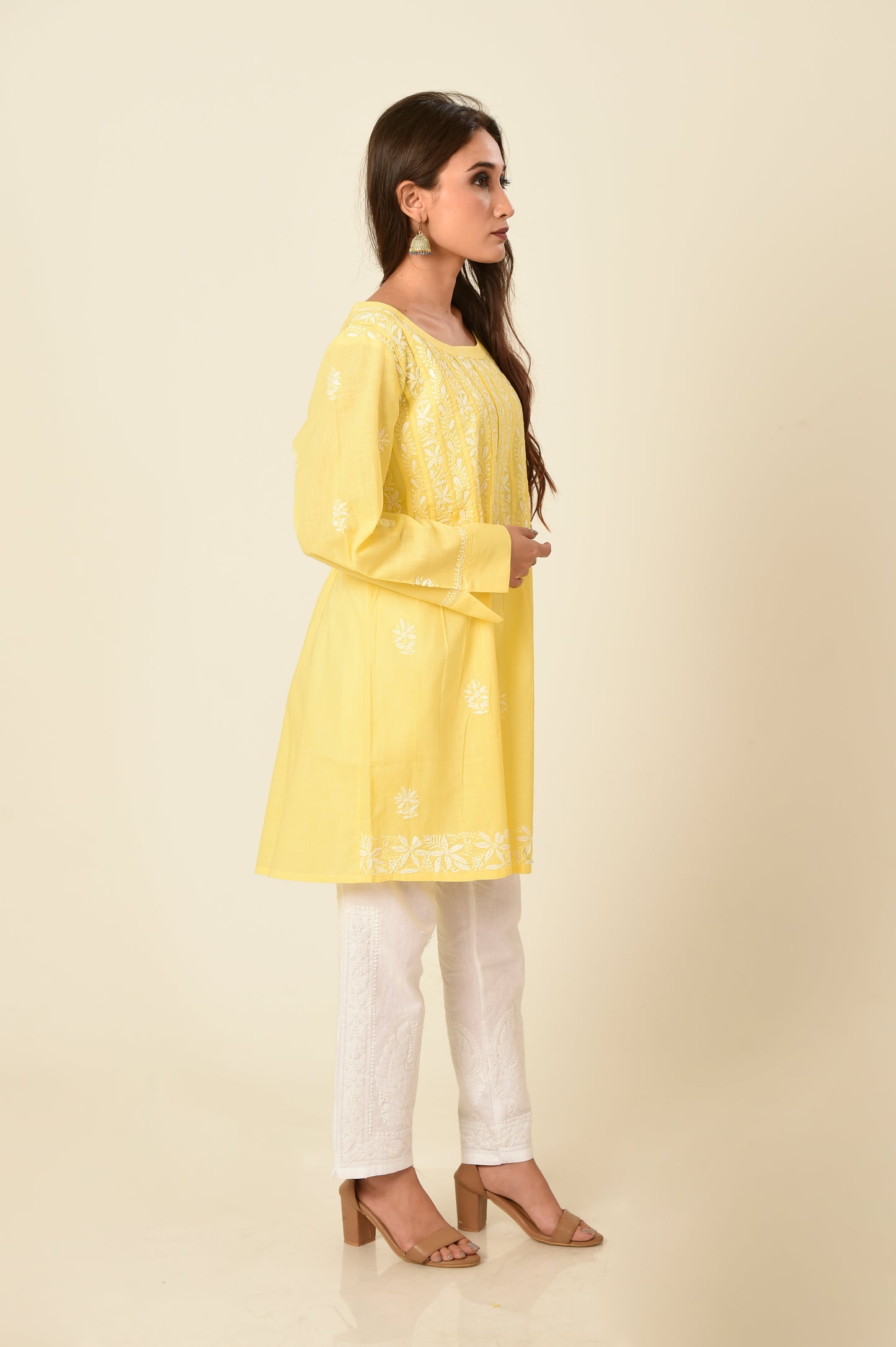 Lucknow Chikan Emporium Hand Embroided Skin Friendly Soft Cotton Yellow Chikankari Short Kurti