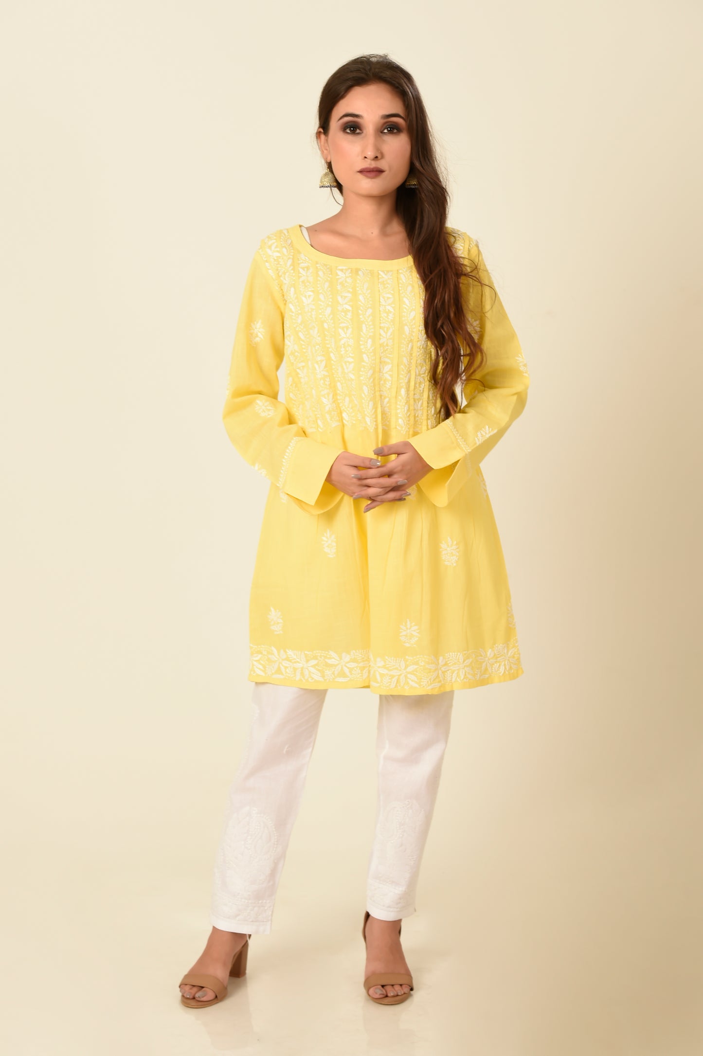 Lucknow Chikan Emporium Hand Embroided Skin Friendly Soft Cotton Yellow Chikankari Short Kurti