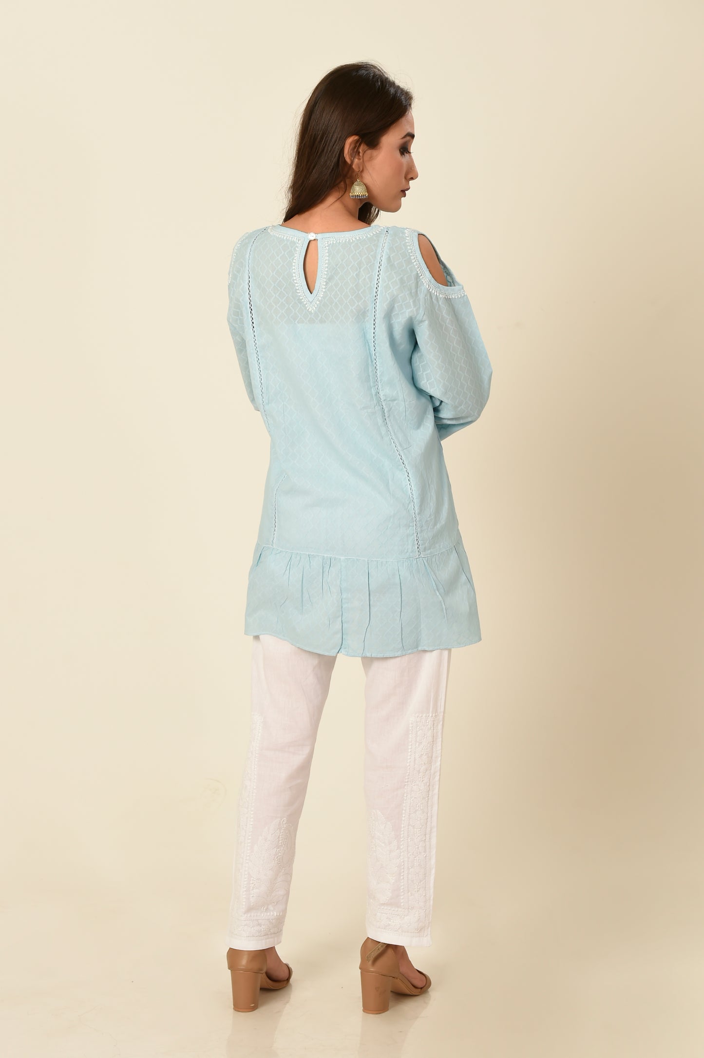 Lucknow Chikan Emporium Light Blue Short Kurti.