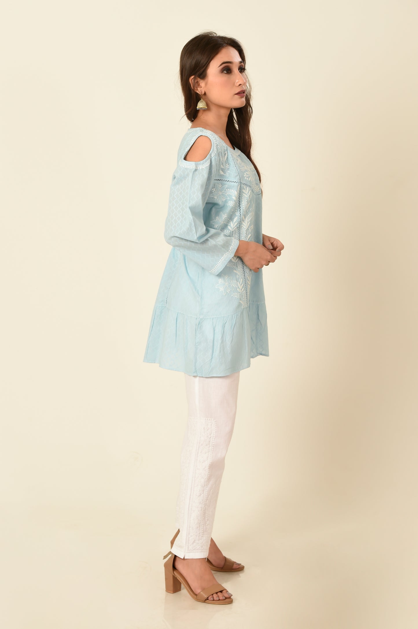 Lucknow Chikan Emporium Light Blue Short Kurti.