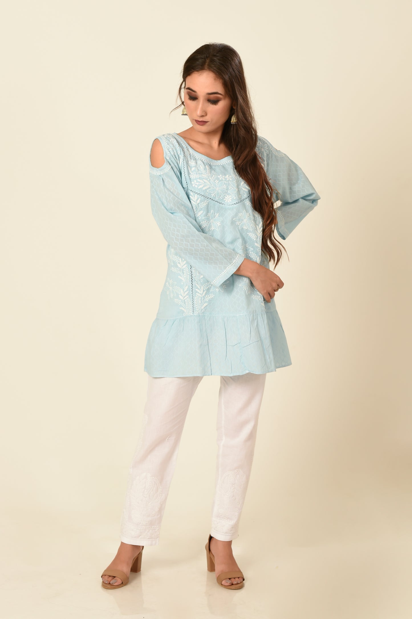 Lucknow Chikan Emporium Light Blue Short Kurti.