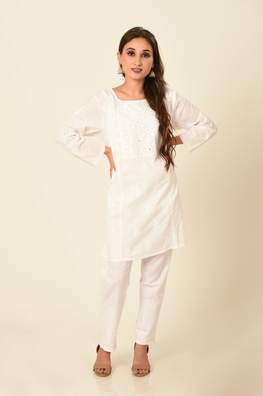 Lucknow Chikan Emporium Hand Embroided Latest Pintucks White Short Chikan Kurti.