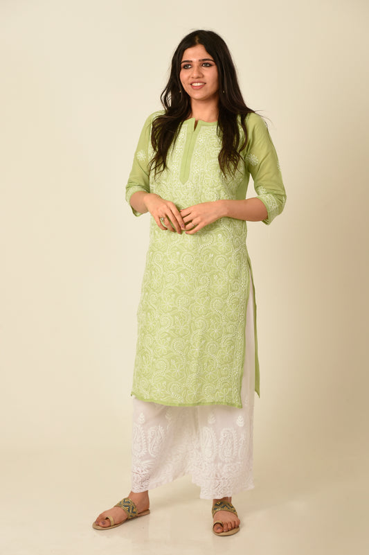 Green Colour Hand Embroided Cotton Chikankari Kurti Lucknow Chikan Emporium.