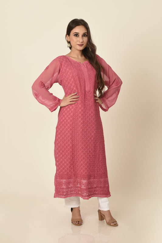 Lucknow Chikan Emporium Hand embroided semi georgette Chikankari Kurti magenta colour