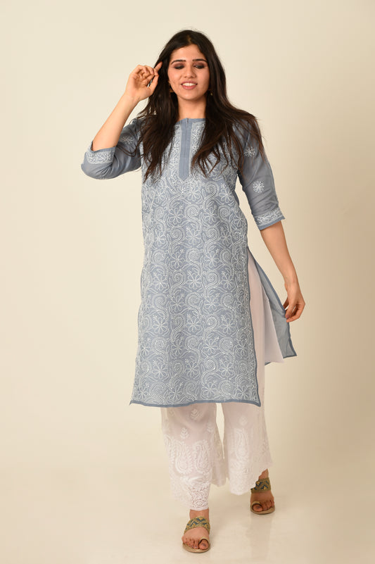 Grey Colour Hand Embroided Cotton Chikankari Kurti Lucknow Chikan Emporium.