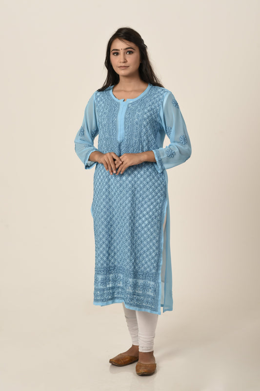 Nice blue colour Hand embroided semi georgette Chikankari Kurti Lucknow Chikan Emporium.