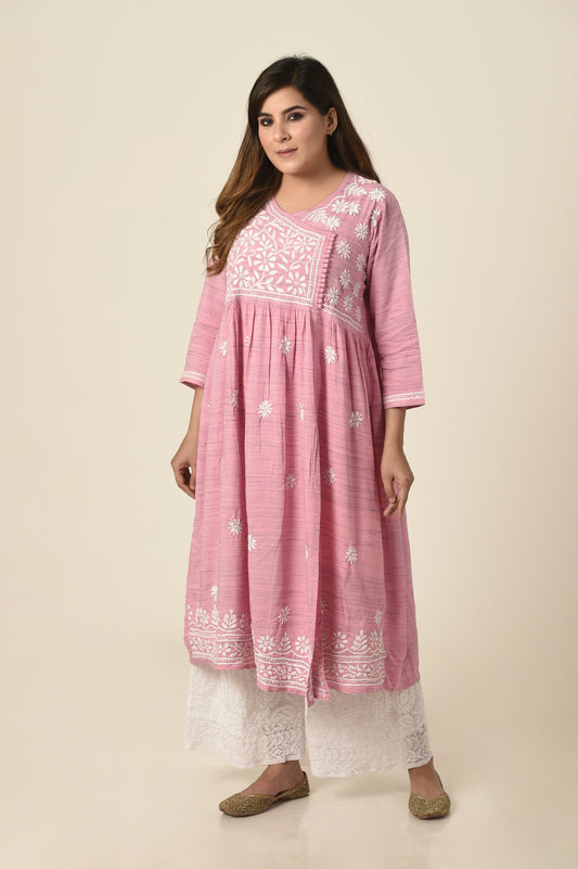 Lucknow Chikan Emporium Hand cotton Chikankari Kurti pink  colour