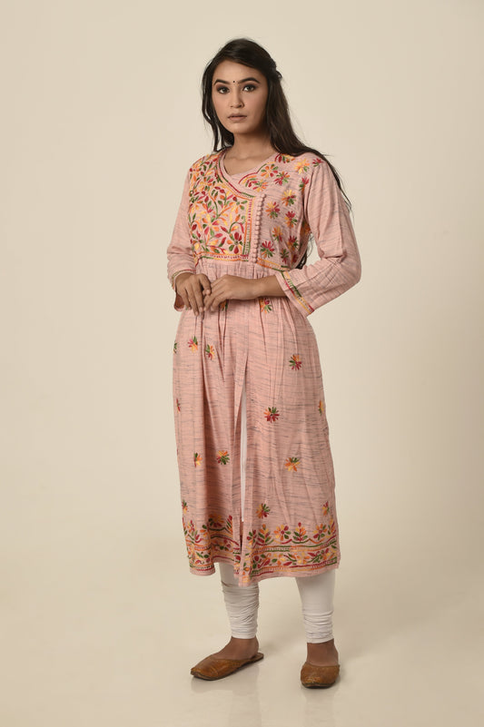 Lucknow Chikan Emporium Hand cotton Chikankari Angarkha  Kurti pink colour