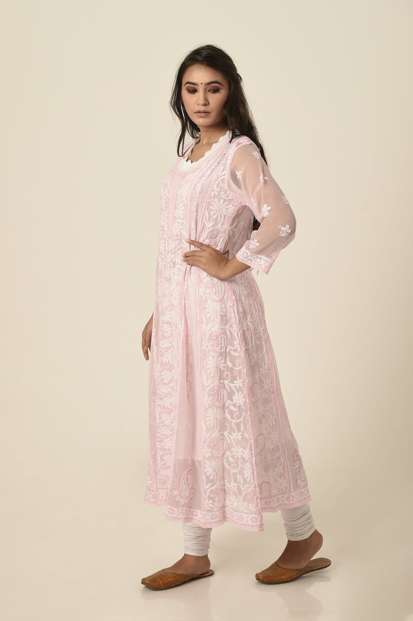 Lucknow Chikan Emporium Hand Chikankari   Semi  Georgette nice pink Anarkali Kurti