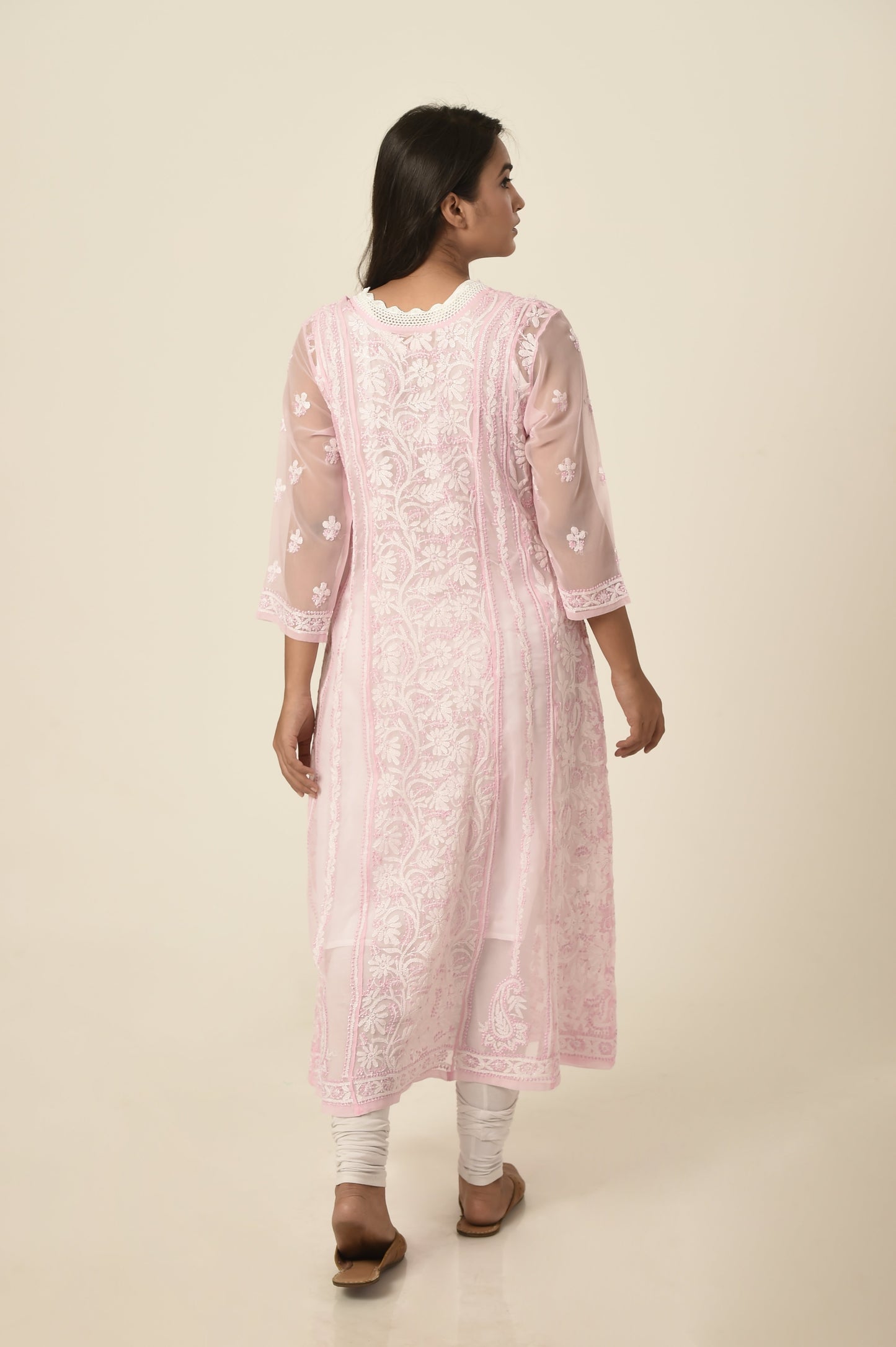 Lucknow Chikan Emporium Hand Chikankari   Semi  Georgette nice pink Anarkali Kurti