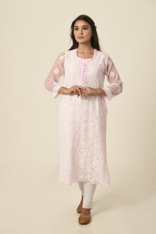 Light pink colour Hand embroided Semi georgette Chikankari Kurti Lucknow Chikan Emporium.