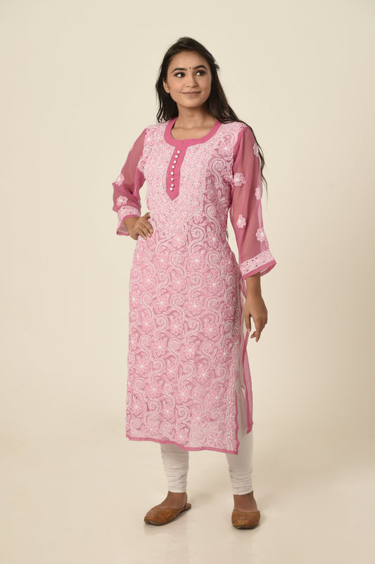 Lucknow Chikan Emporium Hand embroided Semi georgette Chikankari Kurti magenta