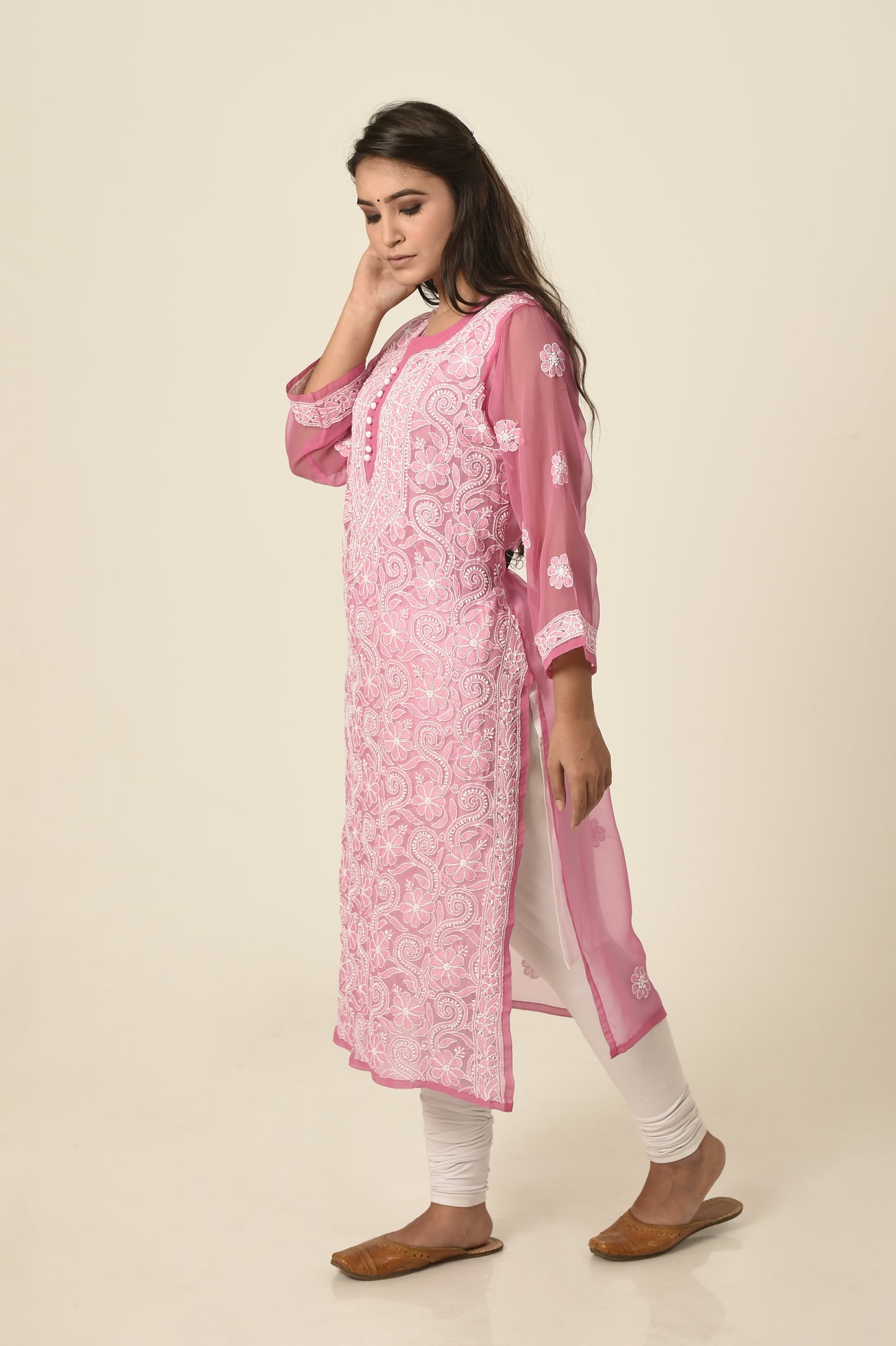 Lucknow Chikan Emporium Hand embroided Semi georgette Chikankari Kurti magenta