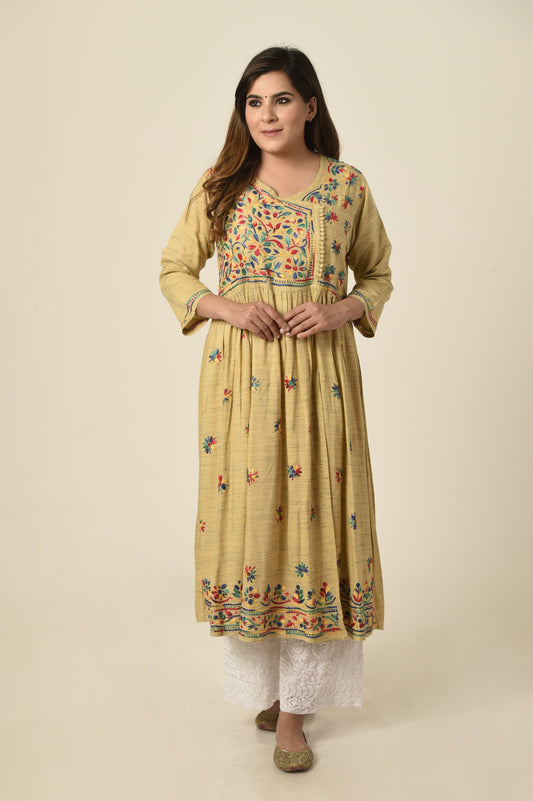 Lucknow Chikan Emporium Hand soft cotton rayon Chikankari Angarkha  Kurti fawn colour