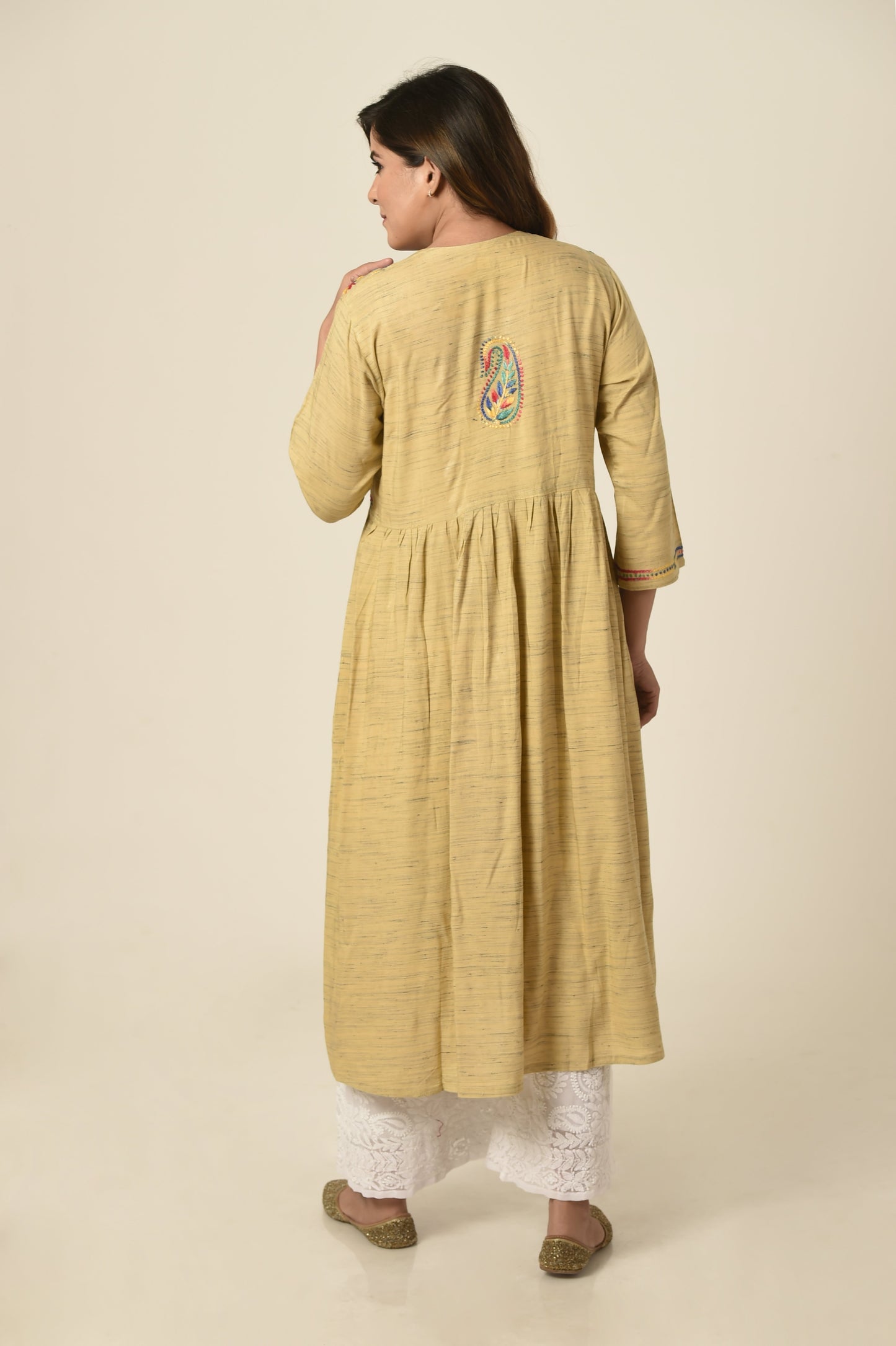 Lucknow Chikan Emporium Hand soft cotton rayon Chikankari Angarkha  Kurti fawn colour