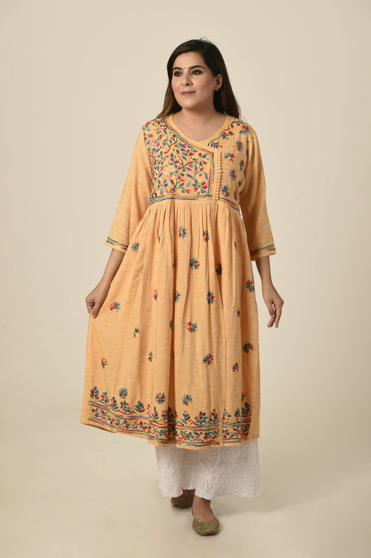 Peach colour Rayon Lucknow Chikan Emporium Hand cotton Chikankari  Angarkha  Kurti r