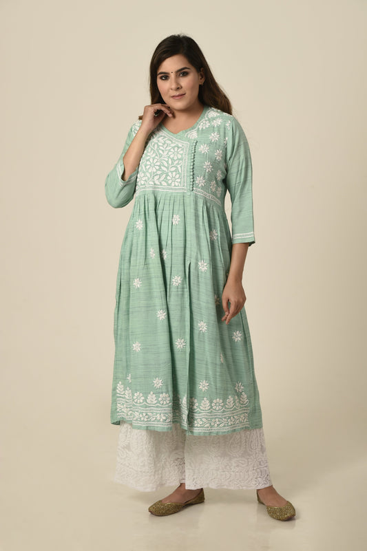 Lucknow Chikan Emporium Hand cotton Chikankari Kurti light green colour