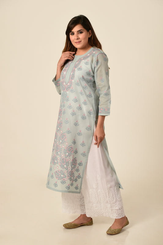 Grey colour Hand embroided cotton Chikankari Kurti Lucknow Chikan Emporium.