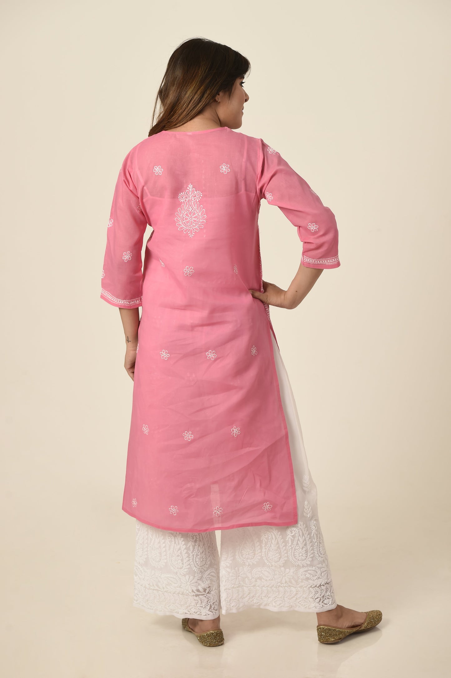 Lucknow Chikan Emporium Hand embroided cotton Chikankari Kurti dark pink colour