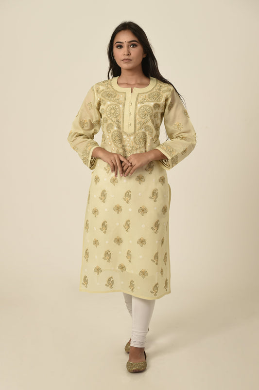 Fawn colour Hand embroided cotton Chikankari Kurti Lucknow Chikan Emporium.