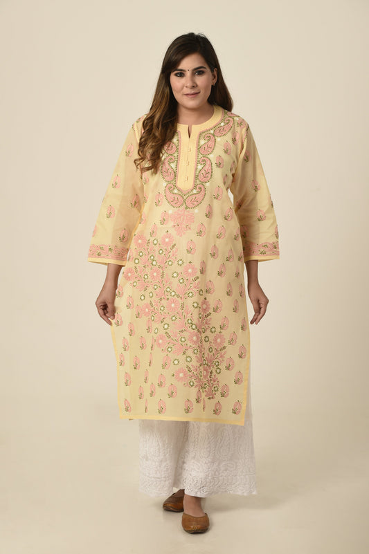 Lucknow Chikan Emporium Hand embroided cotton Chikankari Kurti beige colour