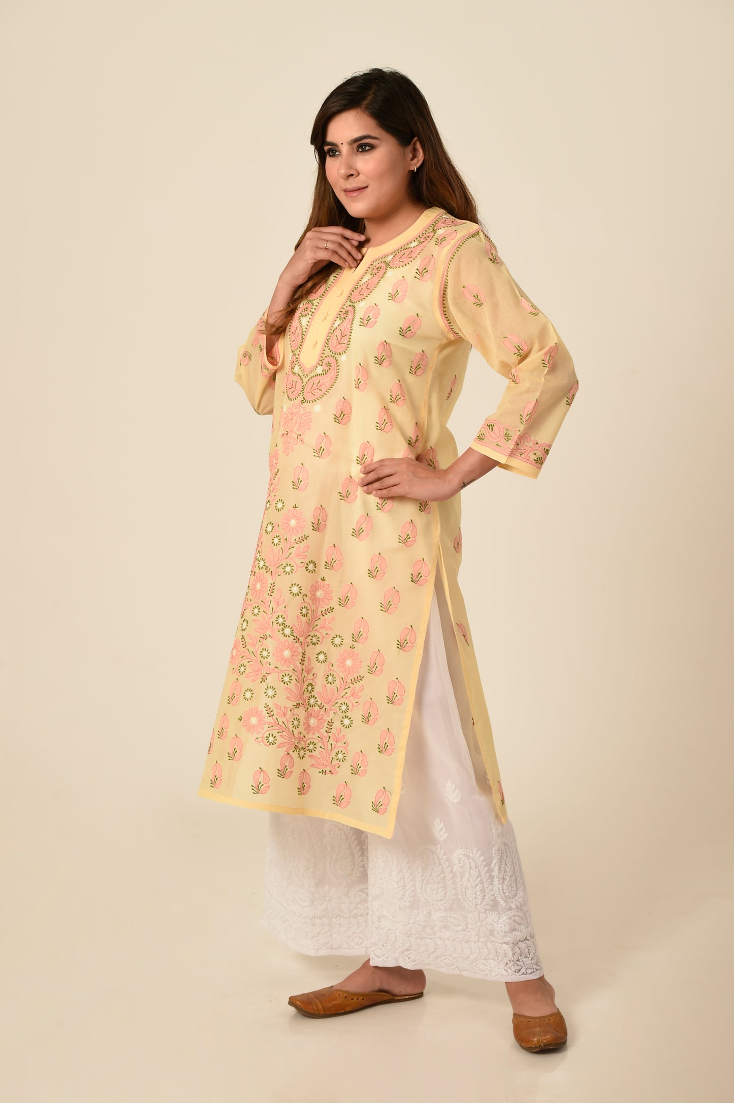 Lucknow Chikan Emporium Hand embroided cotton Chikankari Kurti beige colour