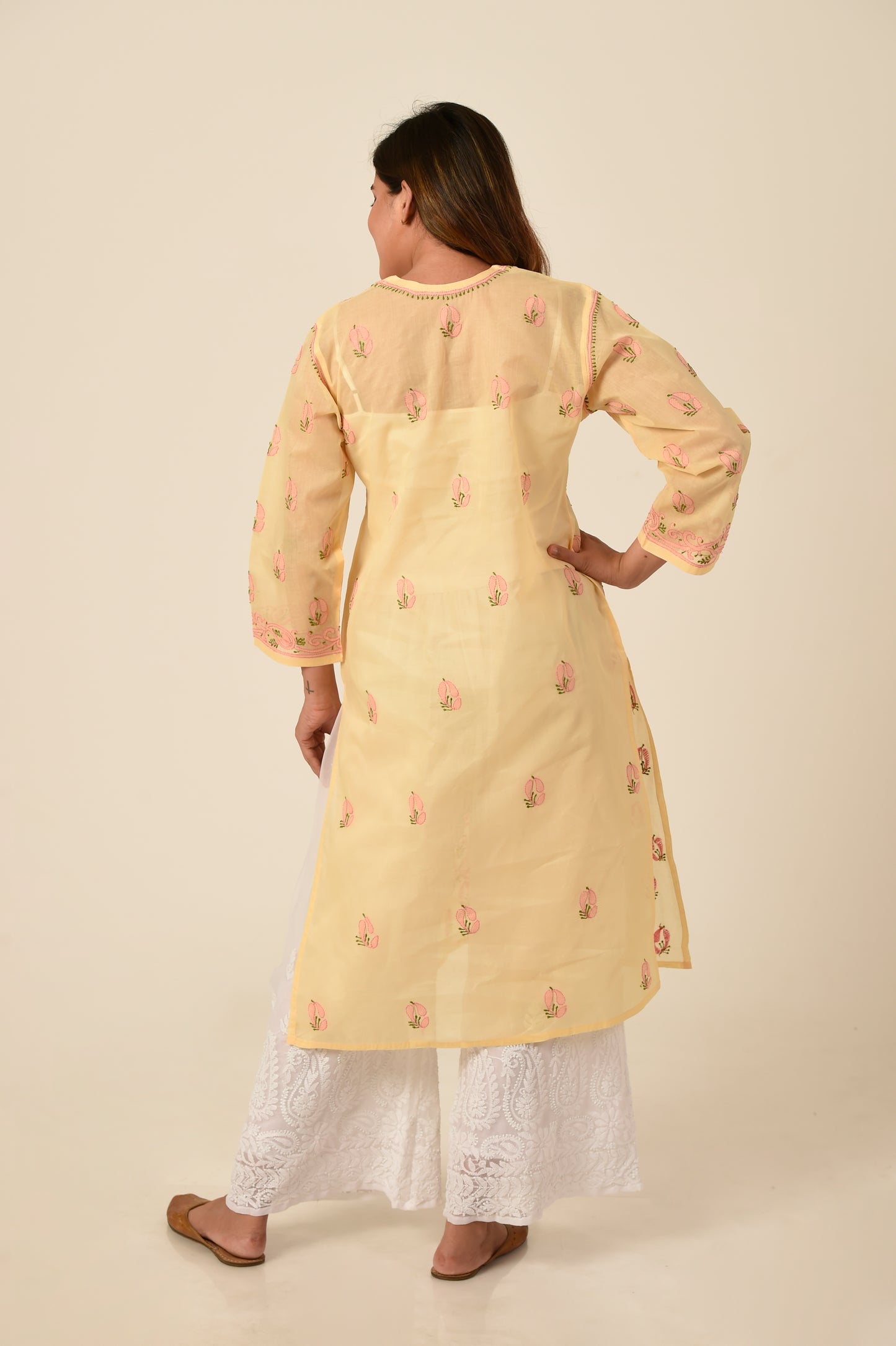 Lucknow Chikan Emporium Hand embroided cotton Chikankari Kurti beige colour