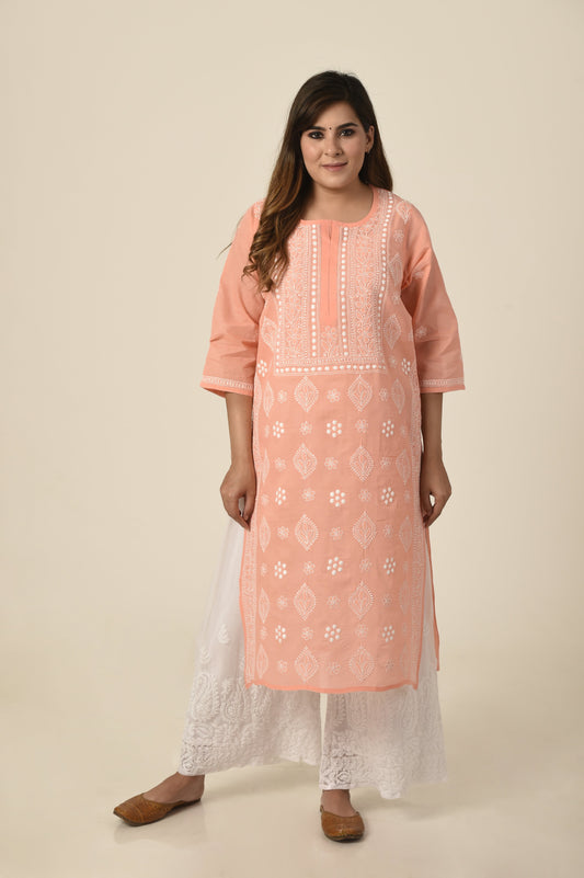 Peach colour Hand embroided cotton Chikankari Kurti Lucknow Chikan Emporium.